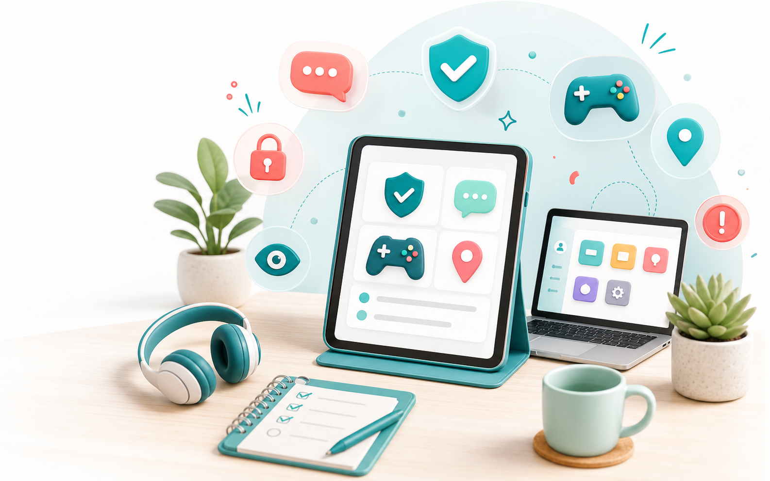 Family device safety checklist with icons for apps, games, location, privacy and protection settings